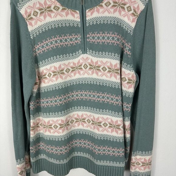 Koret Vintage Sweater Womens L Fair Isle Green Snowflake Nordic Ribbed 1/4 Zip - Picture 5 of 10